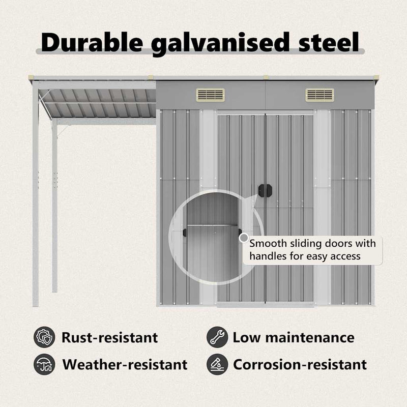 Garden Shed with Extended Roof Light Grey 277x110.5x181 cm Steel