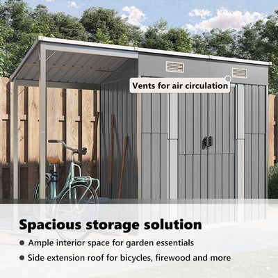 Garden Shed with Extended Roof Light Grey 277x110.5x181 cm Steel