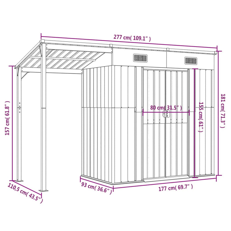 Garden Shed with Extended Roof Anthracite 277x110.5x181 cm Steel