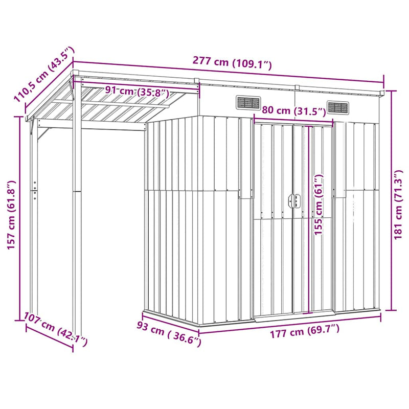 Garden Shed with Extended Roof Light Brown 277x110.5x181 cm Steel