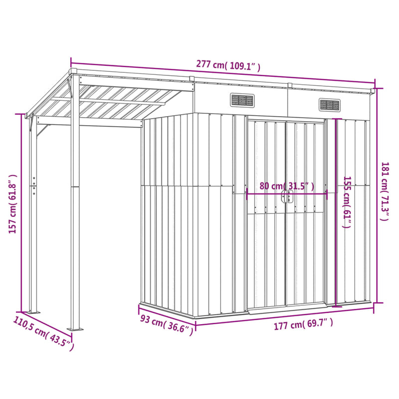 Garden Shed with Extended Roof Light Brown 277x110.5x181 cm Steel