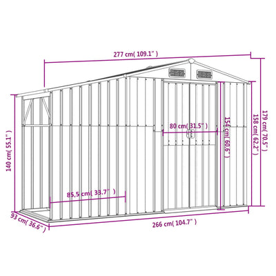 Garden Shed Grey 277x93x179 cm Galvanised Steel