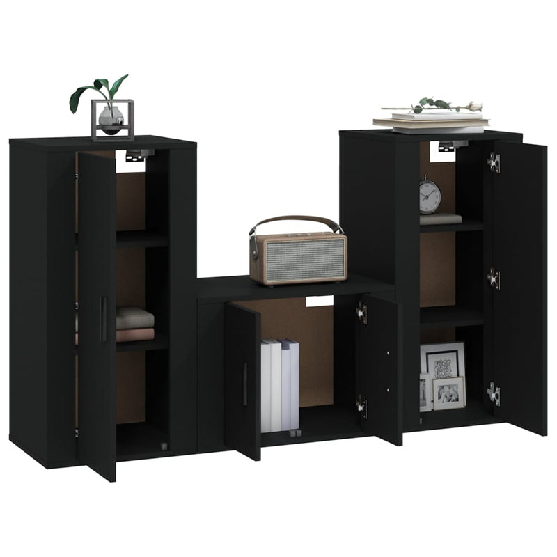 3 Piece TV Cabinet Set Black Engineered Wood