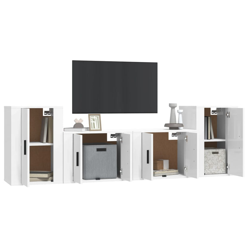 4 Piece TV Cabinet Set High Gloss White Engineered Wood