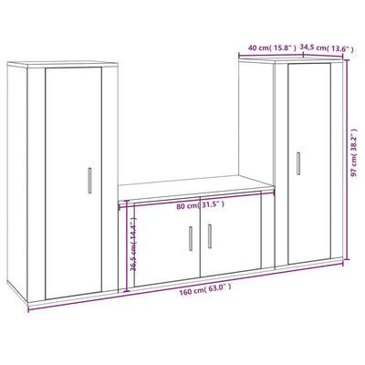 3 Piece TV Cabinet Set High Gloss White Engineered Wood