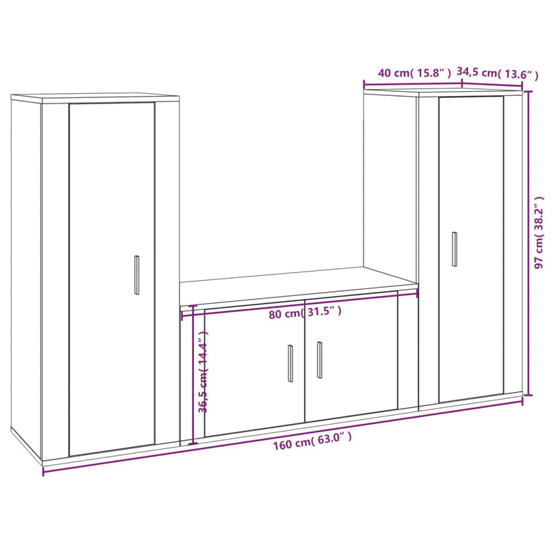 3 Piece TV Cabinet Set High Gloss White Engineered Wood