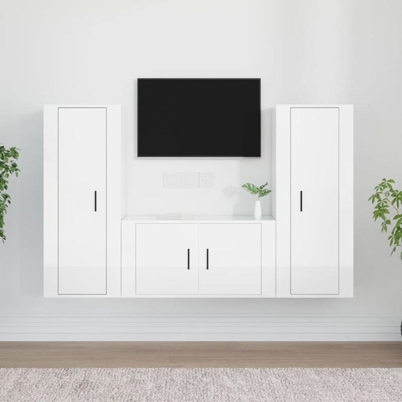 3 Piece TV Cabinet Set High Gloss White Engineered Wood