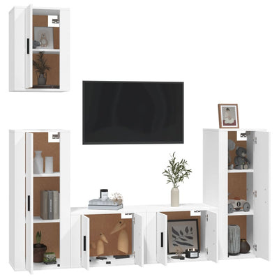 5 Piece TV Cabinet Set White Engineered Wood