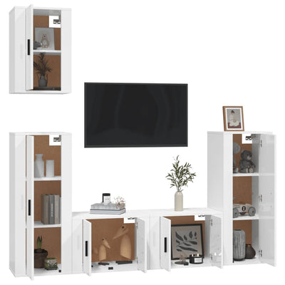 5 Piece TV Cabinet Set High Gloss White Engineered Wood