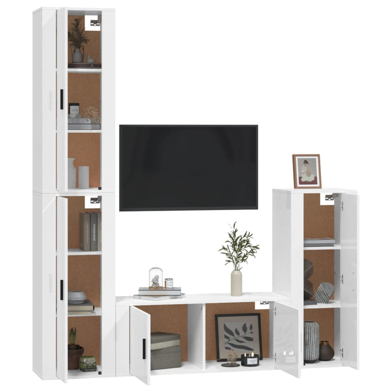 4 Piece TV Cabinet Set High Gloss White Engineered Wood