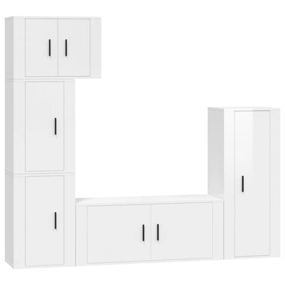 5 Piece TV Cabinet Set High Gloss White Engineered Wood