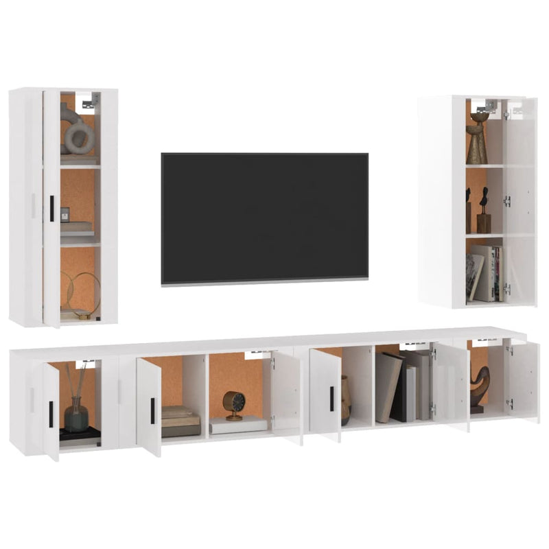 6 Piece TV Cabinet Set High Gloss White Engineered Wood