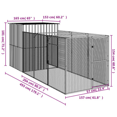 Dog House with Run Light Grey 165x455x181 cm Galvanised Steel