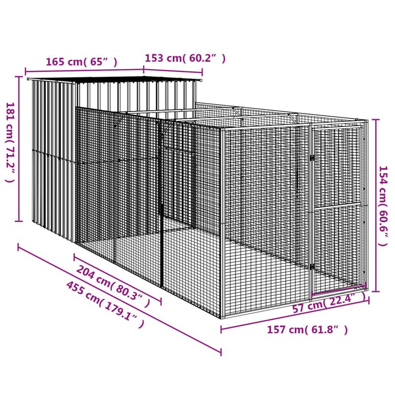 Dog House with Run Light Grey 165x455x181 cm Galvanised Steel