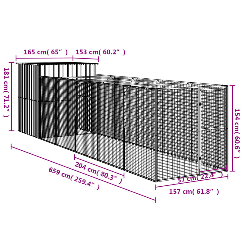 Dog House with Run Light Grey 165x659x181 cm Galvanised Steel