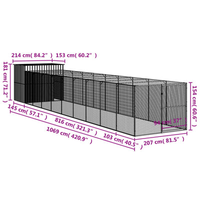 Dog House with Run Light Grey 214x1069x181 cm Galvanised Steel