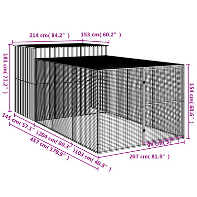 Dog House with Run Light Grey 214x457x181 cm Galvanised Steel