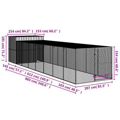 Dog House with Run Light Grey 214x865x181 cm Galvanised Steel