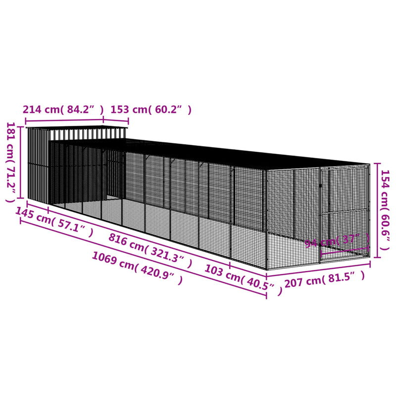 Dog House with Run Light Grey 214x1069x181 cm Galvanised Steel