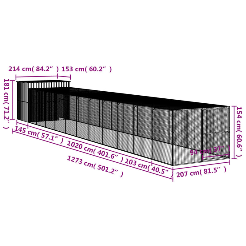 Dog House with Run Light Grey 214x1273x181 cm Galvanised Steel