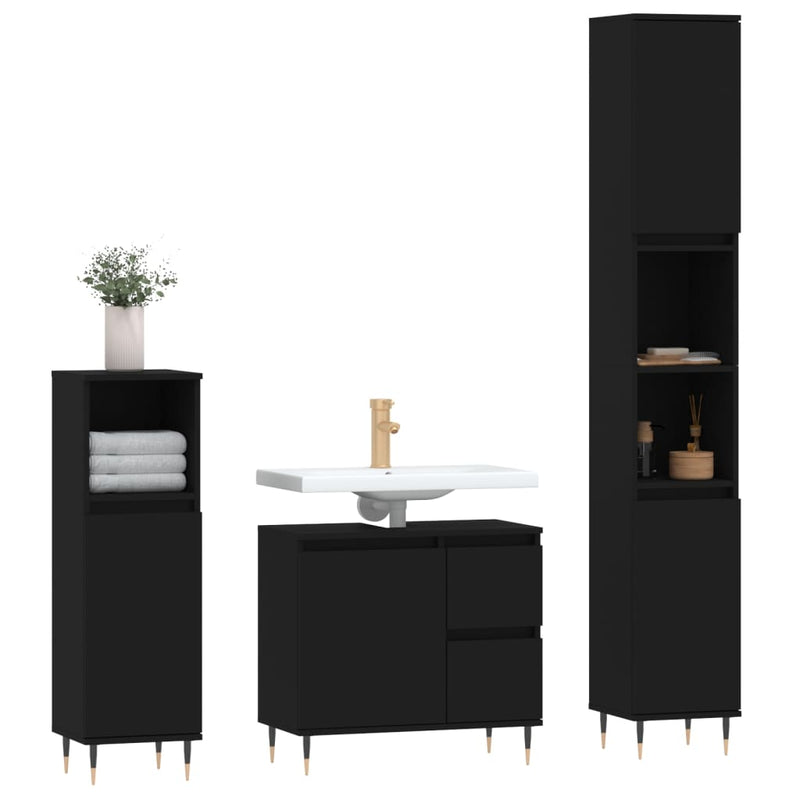 3 Piece Bathroom Furniture Set Black Engineered Wood