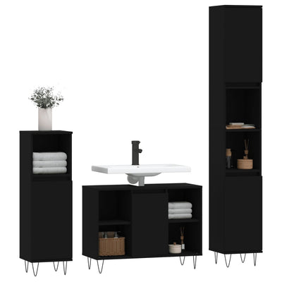 3 Piece Bathroom Furniture Set Black Engineered Wood