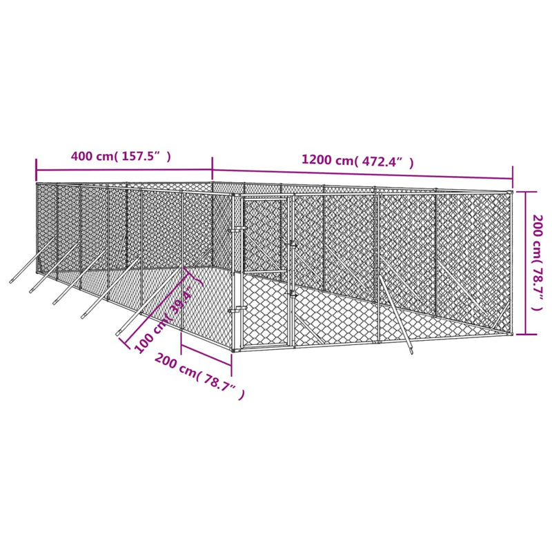 Outdoor Dog Kennel Silver 4x12x2 m Galvanised Steel