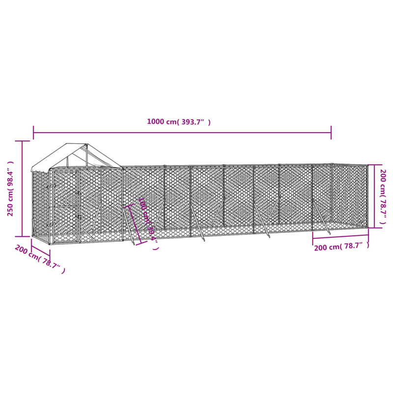 Outdoor Dog Kennel with Roof Silver 10x2x2.5 m Galvanised Steel