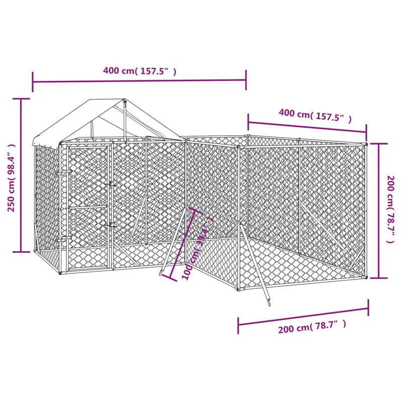 Outdoor Dog Kennel with Roof Silver 4x4x2.5 m Galvanised Steel