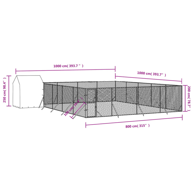 Outdoor Dog Kennel with Roof Silver 10x10x2.5 m Galvanised Steel