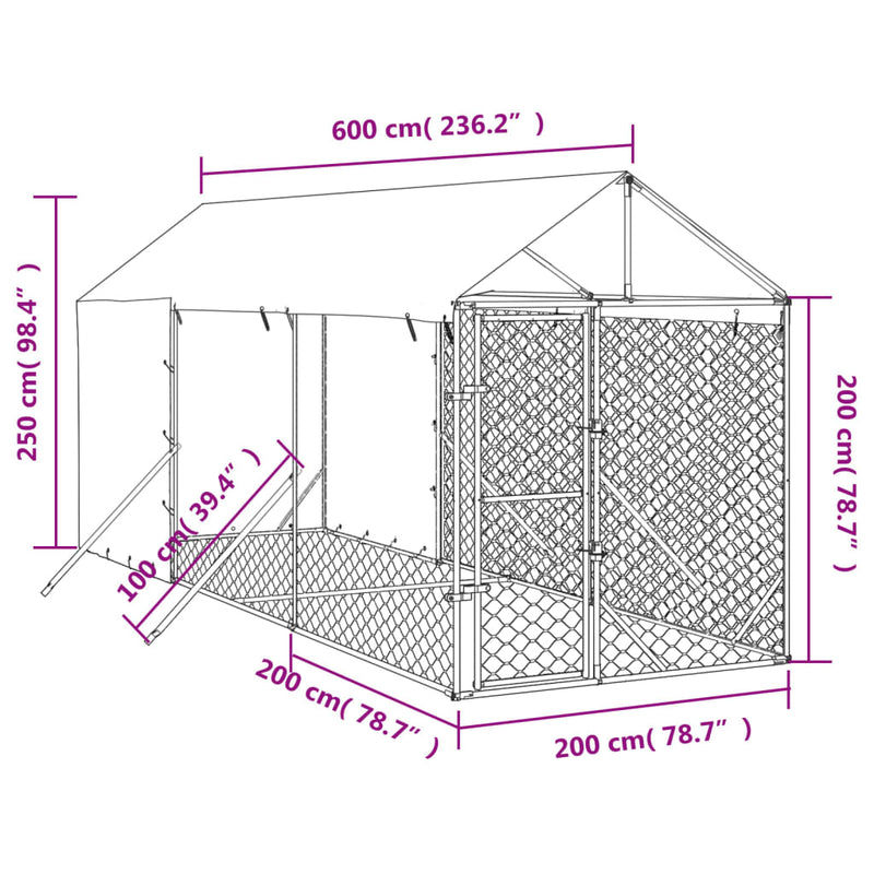 Outdoor Dog Kennel with Roof Silver 2x6x2.5 m Galvanised Steel