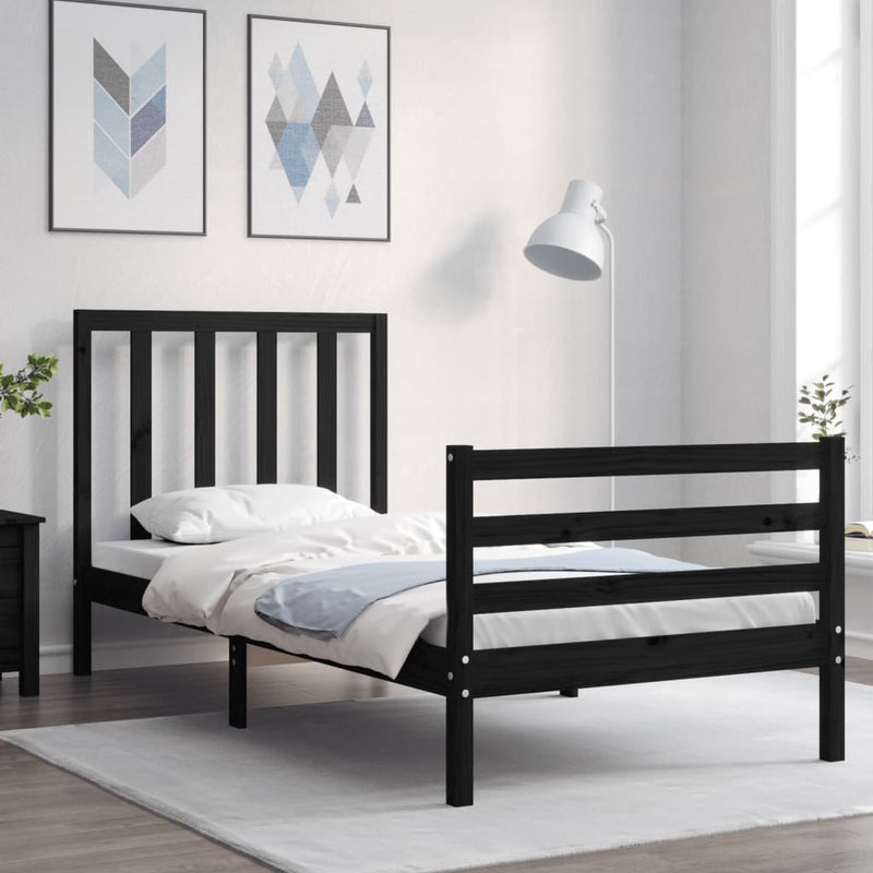 Bed Frame with Headboard Black 92x187 cm Single Size Solid Wood