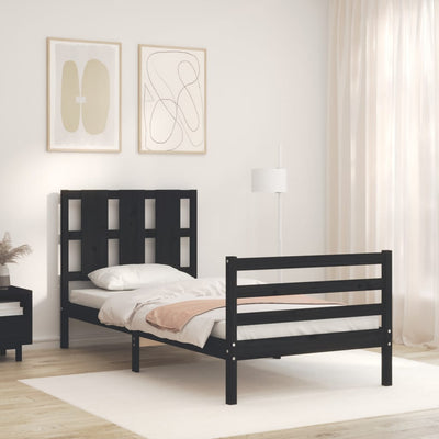 Bed Frame with Headboard Black 92x187 cm Single Size Solid Wood