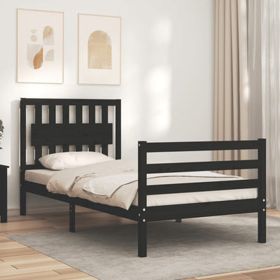 Bed Frame with Headboard Black 92x187 cm Single Size Solid Wood