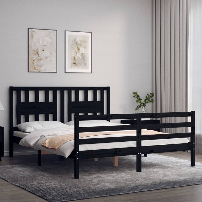 Bed Frame with Headboard Black 153x203 cm Queen Solid Wood