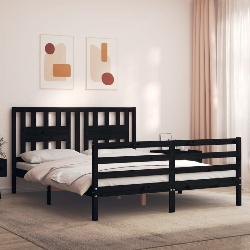 Bed Frame with Headboard Black 153x203 cm Queen Solid Wood