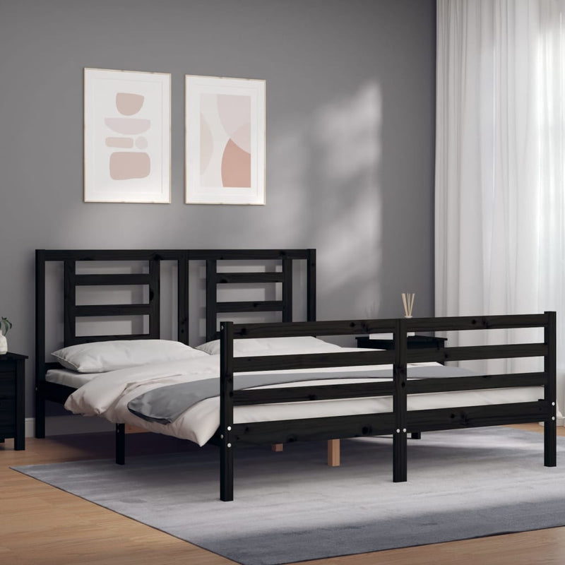 Bed Frame with Headboard Black 153x203 cm Queen Solid Wood