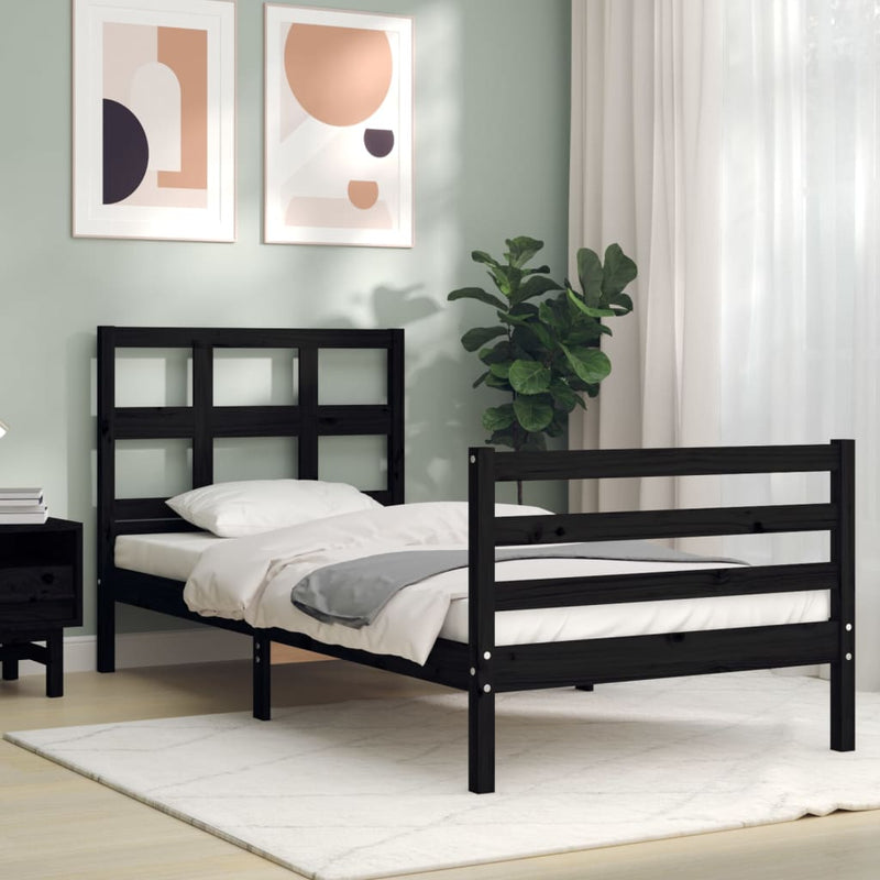 Bed Frame with Headboard Black 92x187 cm Single Size Solid Wood