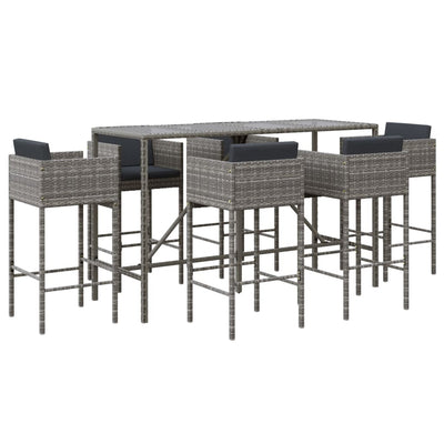 7 Piece Garden Bar Set with Cushions Grey Poly Rattan