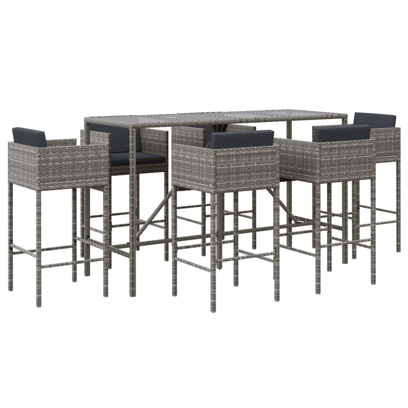 7 Piece Garden Bar Set with Cushions Grey Poly Rattan