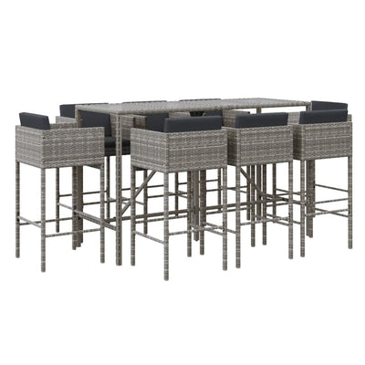 9 Piece Garden Bar Set with Cushions Grey Poly Rattan