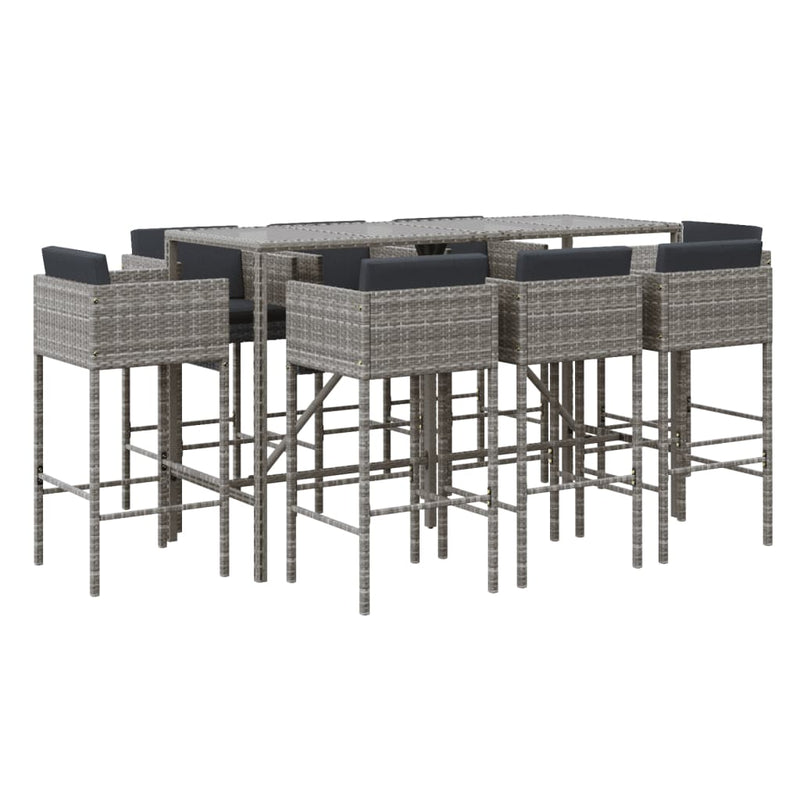 9 Piece Garden Bar Set with Cushions Grey Poly Rattan