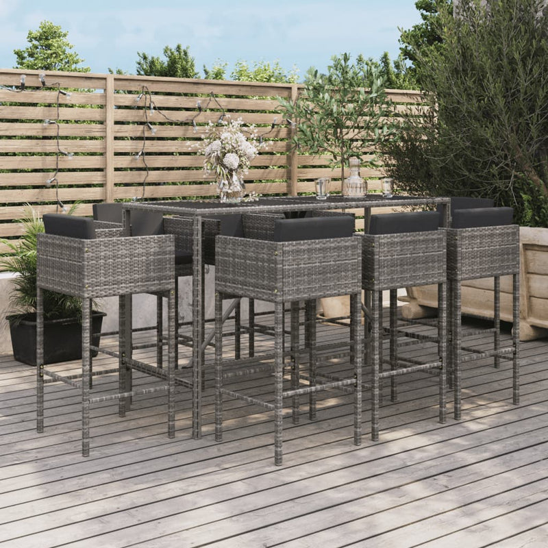 9 Piece Garden Bar Set with Cushions Grey Poly Rattan