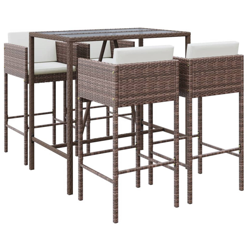 5 Piece Garden Bar Set with Cushions Brown Poly Rattan