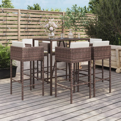 7 Piece Garden Bar Set with Cushions Brown Poly Rattan