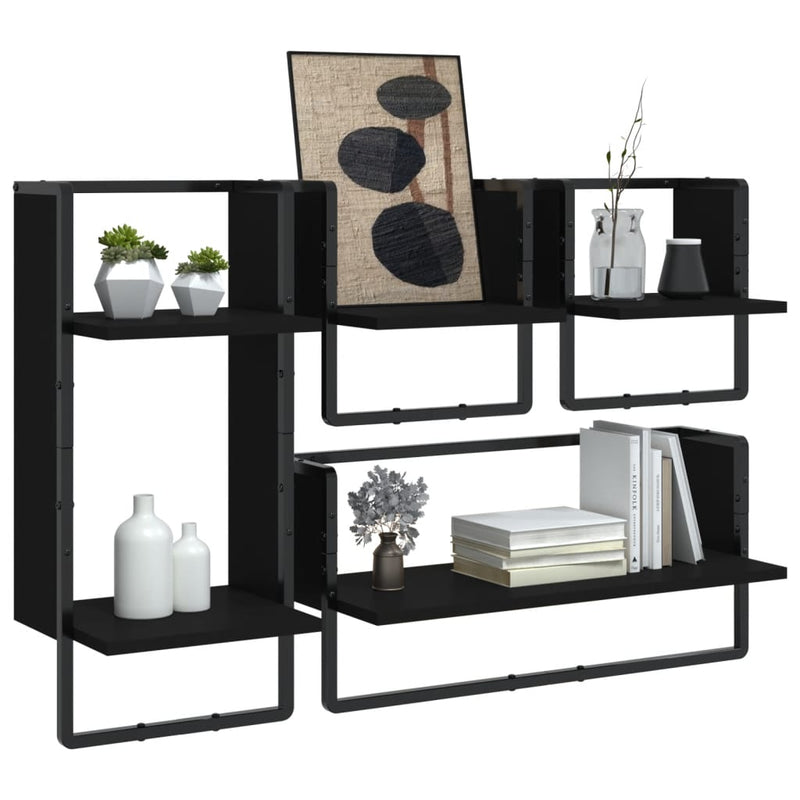 4 Piece Wall Shelf Set with Bars Black Engineered Wood