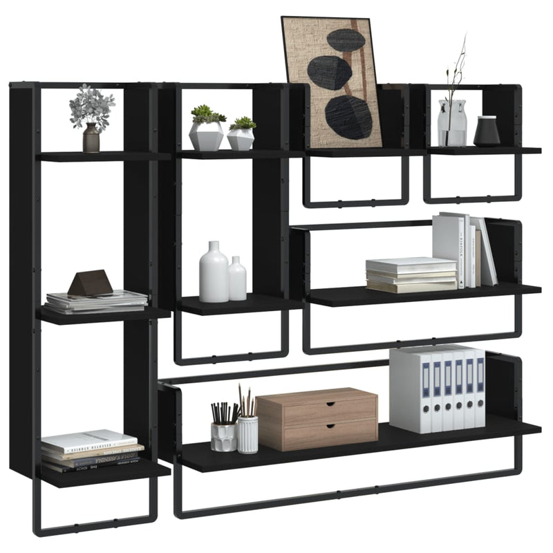 6 Piece Wall Shelf Set with Bars Black Engineered Wood