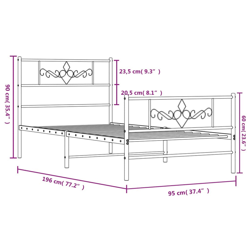 Metal Bed Frame without Mattress with Footboard Black 90x190 cm