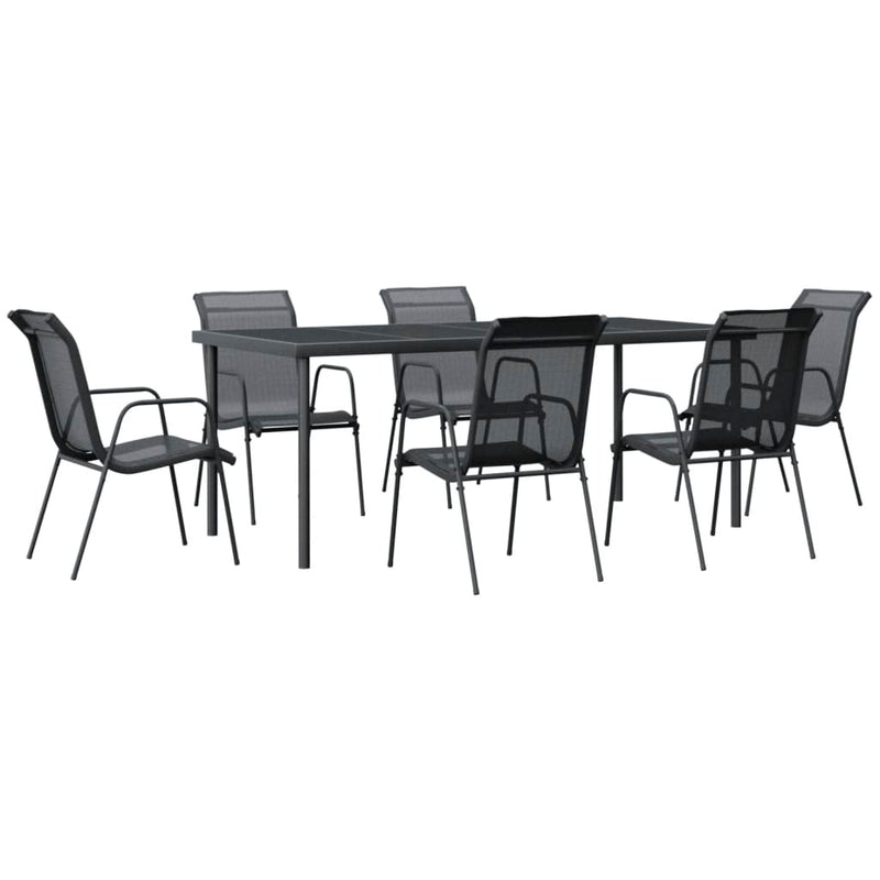 7 Piece Garden Dining Set Black Steel and Textilene