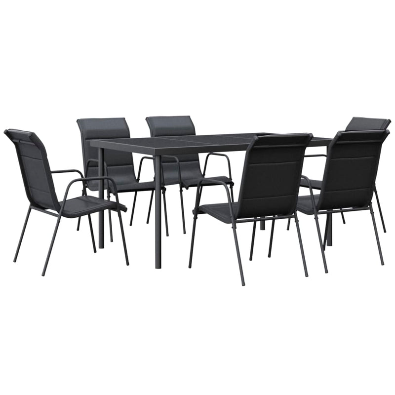 7 Piece Garden Dining Set Black Steel and Textilene